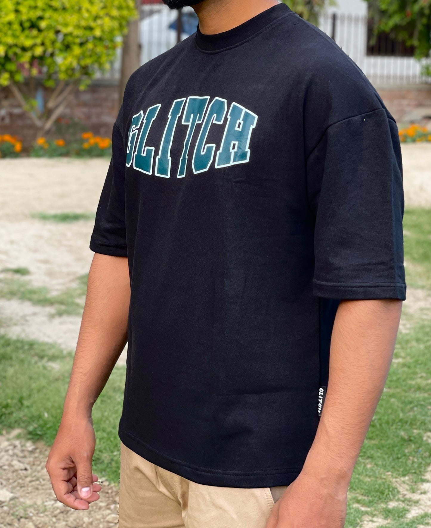 Glitch Printed Black Oversized Tee