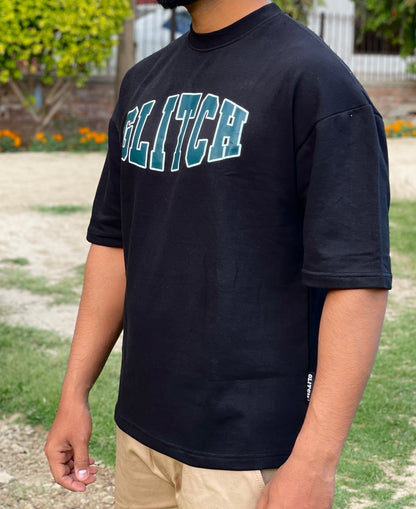 Glitch Printed Black Oversized Tee