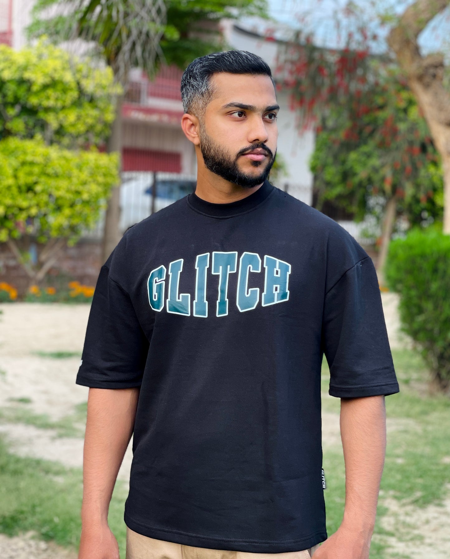 Glitch Printed Black Oversized Tee