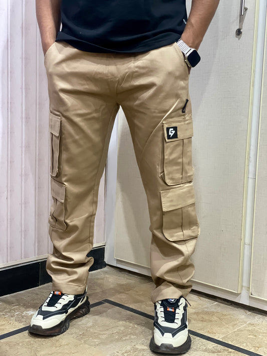 Beige 8 Pocket Straight Cargo Pants