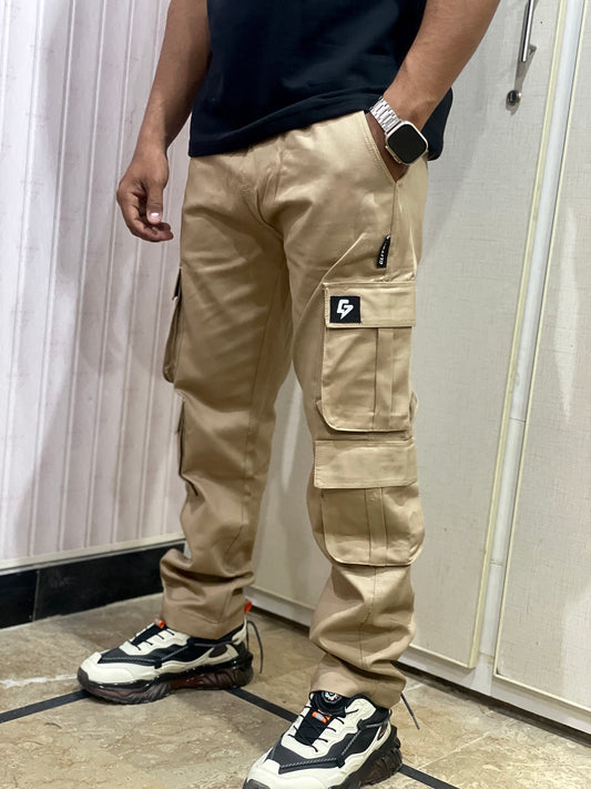 Beige 8 Pocket Straight Cargo Pants